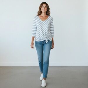 Sportelle Women L Slub Cotton Blend White Blue Stripe Pocket Vacation Tunic Top